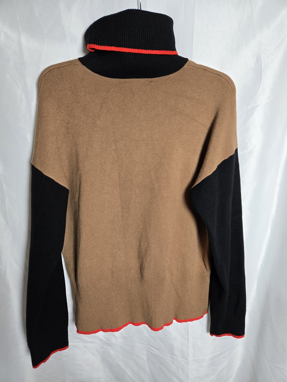 Tahari Two-Tone Turtleneck Sweater in Tan, Black & Red Trim - Picture 4 of 5